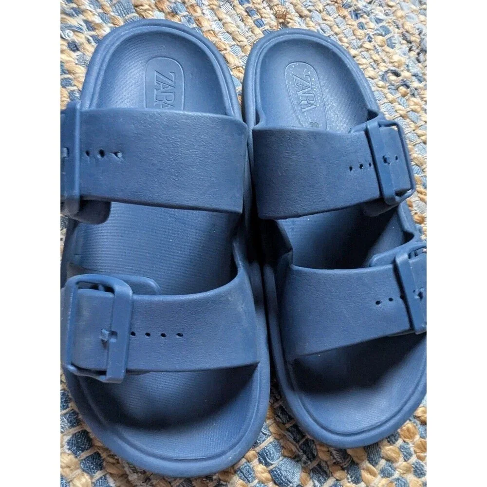 Zara Blue Double Buckle Slide Sandals 38/7.5 Minimalist Resort Athleisure Ergono